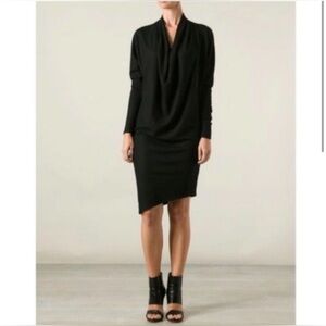 Helmut Lang black wool cowl neck dress, long sleeve, asymmetrical dress.
